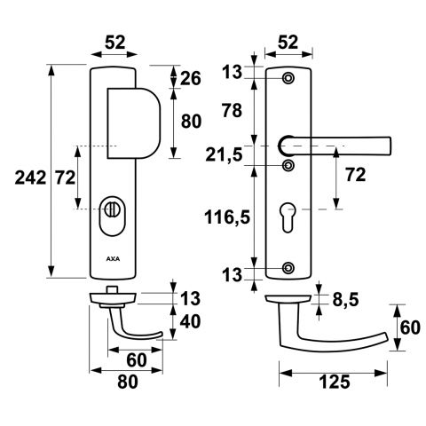 AXA Duwgarnituur Curve Plus D Blok F1 Aluminium geslepen SKG*** PC72 OUTLET - Afbeelding 2