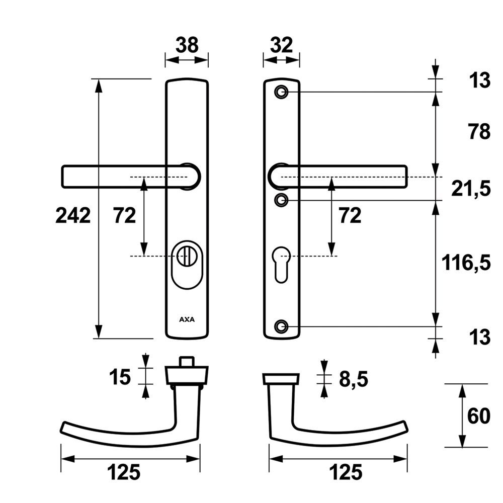 AXA Curve smal veiligheidsbeslag kruk PC72 anti-kerntrek OUTLET - Afbeelding 2